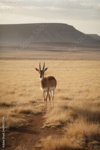 A beautiful gazelle looks into the camera against the background of the Ethiopian plains, mountains, and nature.