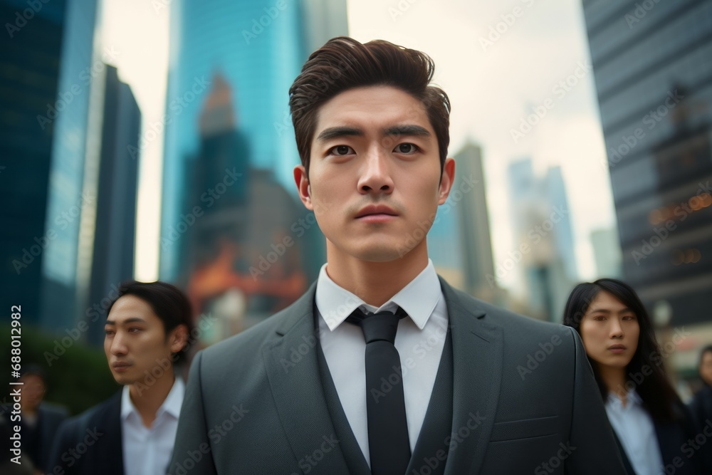 Portrait of positive asian man standing outdoors, Portrait of positive asian man standing outdoors,