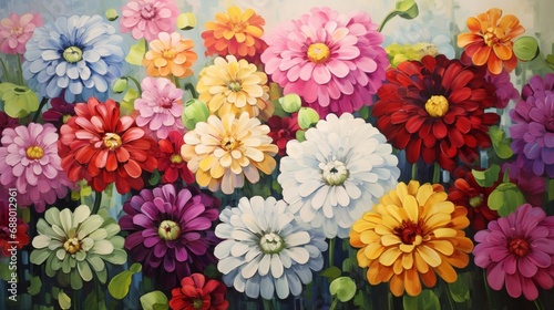 a cluster of zinnia blooms  with their vibrant and varied colors  graces a white canvas  forming a visually stunning and cheerful floral masterpiece that brightens any space with its joyful presence.