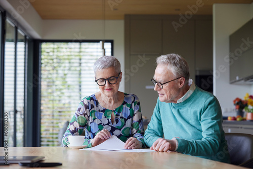Senior couple sitting at table at home examining document photo