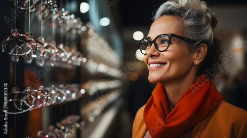 Optical Store Elegance: A Joyful Mature Woman Selecting Glasses, Embracing Vision Care