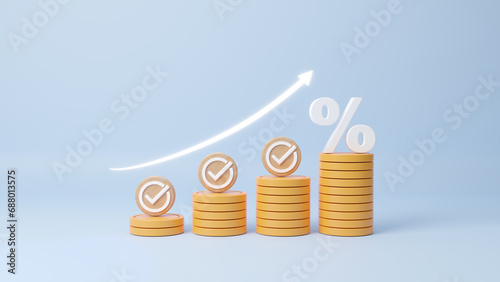 Interest rate and dividend concept. Increasing up arrow for financial interest rate and mortgage rate. Saving money for long term investment. Dividend tax. Investment for retirement. 3d rendering photo
