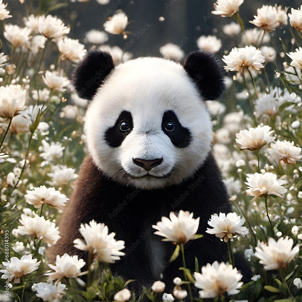 Fototapeta premium portrait of cute baby panda in the middle of fantasy jungle , fantasy photography 