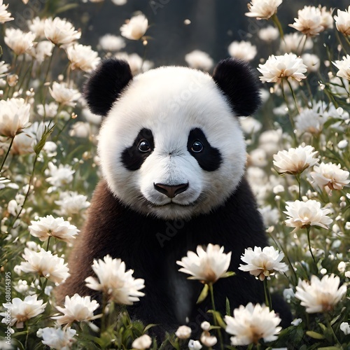 portrait of cute baby panda in the middle of fantasy jungle , fantasy photography 