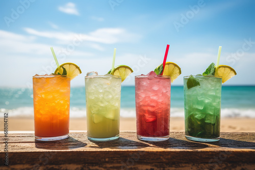 A row of fresh summer cocktails on a tropical beach