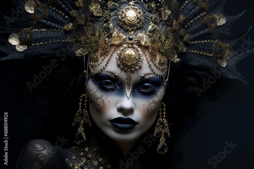 Portrait of young beautiful woman in intricate headpiece and make up going for carnival festival