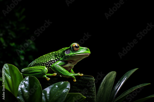 One very interesting moment in nature. Green frog up close. The frog jumps on a green leaf. Dark background