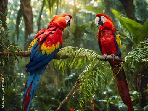 red and yellow macaw pair of parrot bird sitting on the perch © monu