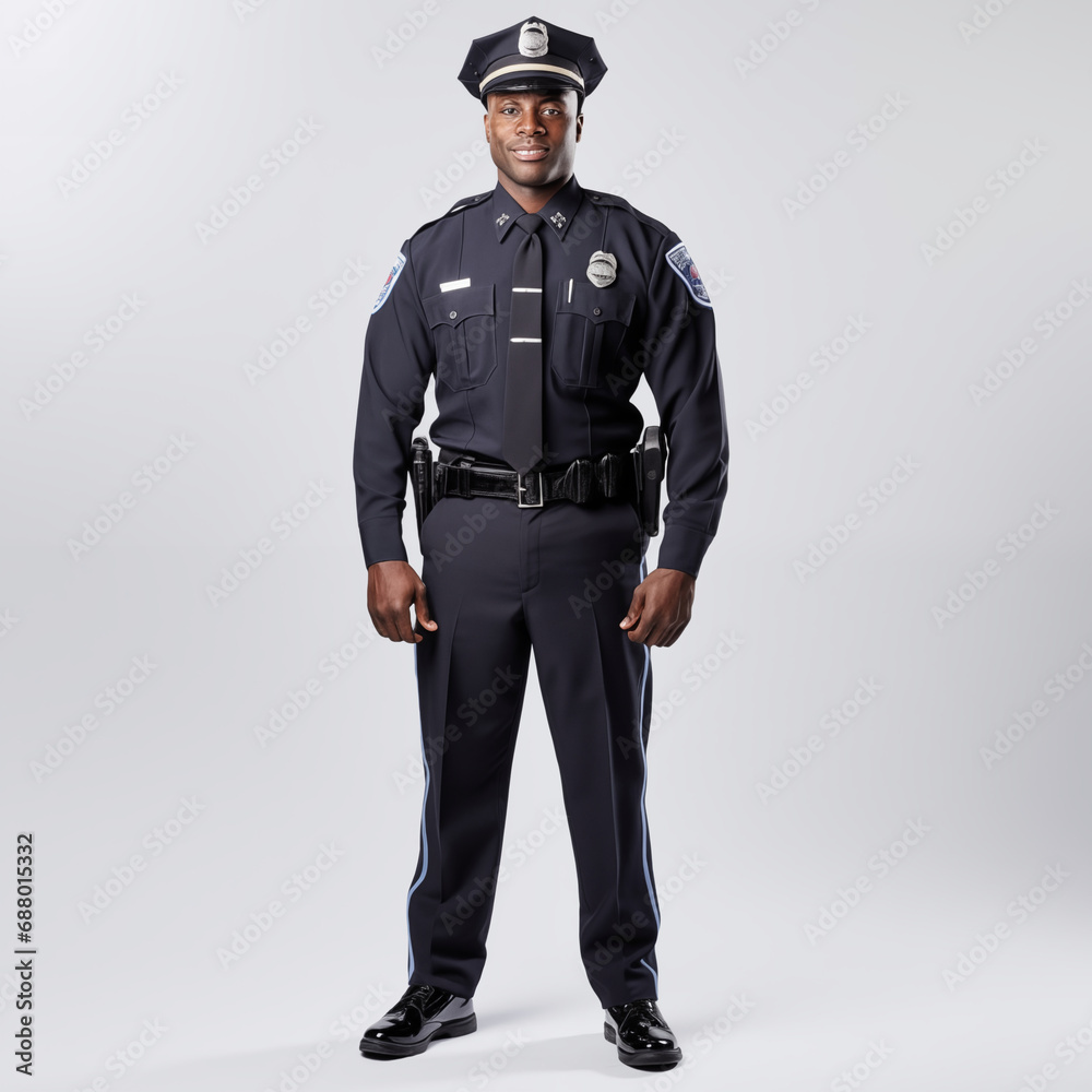 Full length Cop man in security guard posing isolated on white. Full length Cop man in security guard posing isolated on white.
