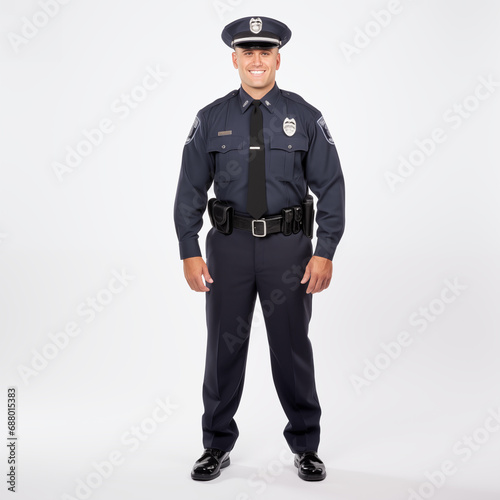 Full length Cop man in security guard posing isolated on white.