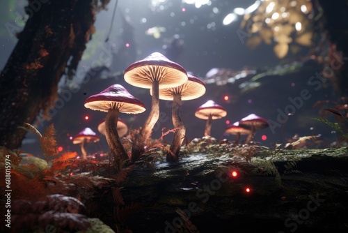 Group of multi-colored mushrooms growing on a fallen tree trunk
