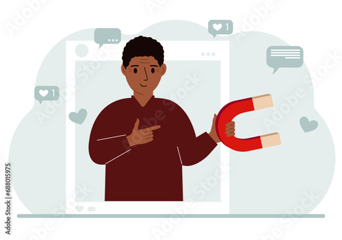 Social media influencer. A man holds a magnet in a social profile frame. Various icons.