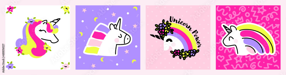 Obraz premium Unicorn with rainbow hair. Set of artistic vector illustrations of magic fairy tale animal. Trendy design for cute greeting card or funny graphic print. Editable stroke