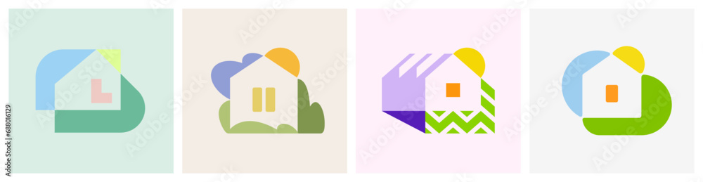 House with green trees bushes and lawn at clear blue sky with bright sun. Simple vector logo mark template or icon of building for real estate company or residential property agency House with green trees bushes and lawn at clear blue sky with bright sun. Simple vector logo mark template or icon of building for real estate company or residential property agency