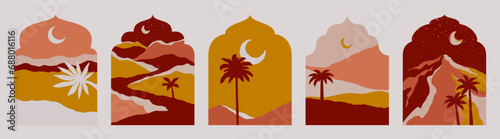 Oriental style Islamic windows and arches with night desert view and light crescent in the sky. Boho design vector collection for Ramadan Kareem greeting card
