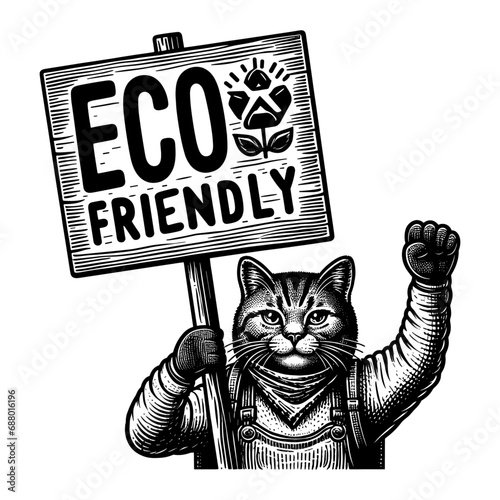 cat holding a eco friendly sign board sketch