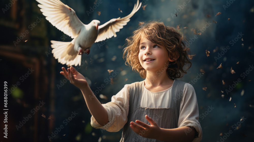 child releases a white dove on a beautiful abstract background. Surprised and happy little boy. - obrazy, fototapety, plakaty 