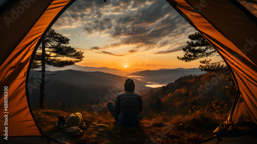Traveler Relaxes Inside an Orange Tent  Savoring the Autumn Forest Views