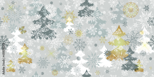 Vector silver Christmas seamless pattern with a stylized magical forest and carved snowflakes