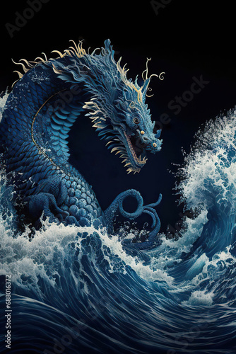 Blue chinese dragon in the waves on a black background, oriental style illustration, vertical, Generative AI