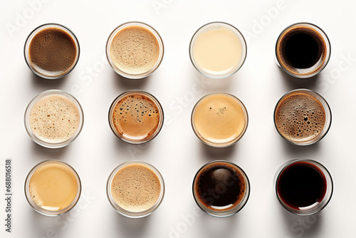 different types of coffee collection top view white background, Generative AI