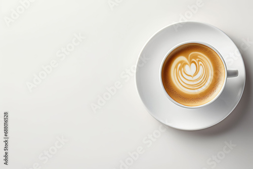 latte art in a white cup of coffee on white background banner photography, Generative AI