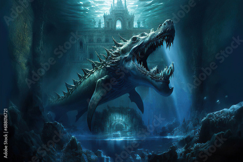 Giant underwater monster in the background of the underwater castle, Generative AI © Eva