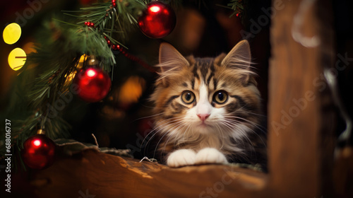 cute cat sits under an artificial Christmas tree with red balls against the background of a decorated Christmas tree. Christmas or New Year background. Close-up.
