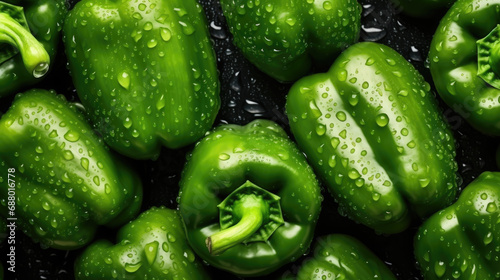 Fresh green peppers with water drops. View from above. Beautiful vegetable background.
