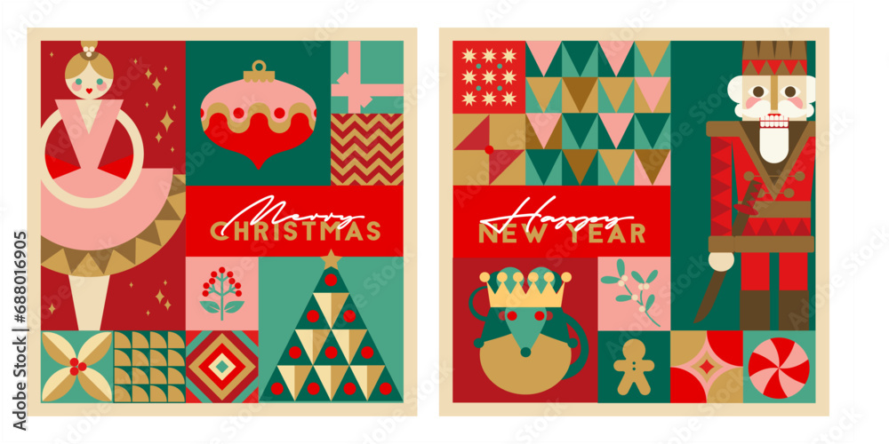 Set of Christmas patterns and elements. Nutcracker and mouse king theme. Christmas gift wrapper or advent calendar  design.