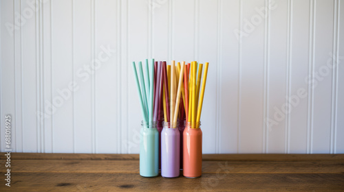 Straws for drinks in multi-colored glass flasks. photo