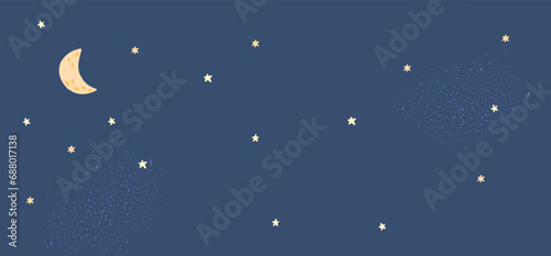 Night sky background banner, moon and stars. Cartoon childish illustration, deep blue backdrop. Simple vector graphic.