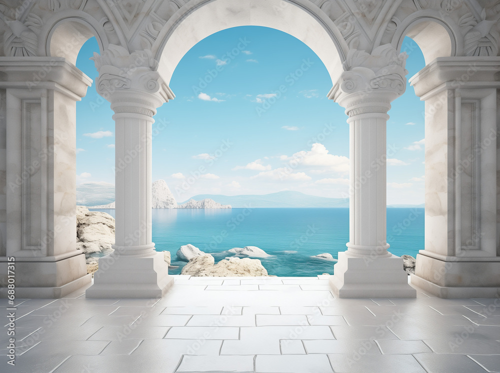 White marble antique columns with a scenic sea view in the background. Mock up for montage and products display