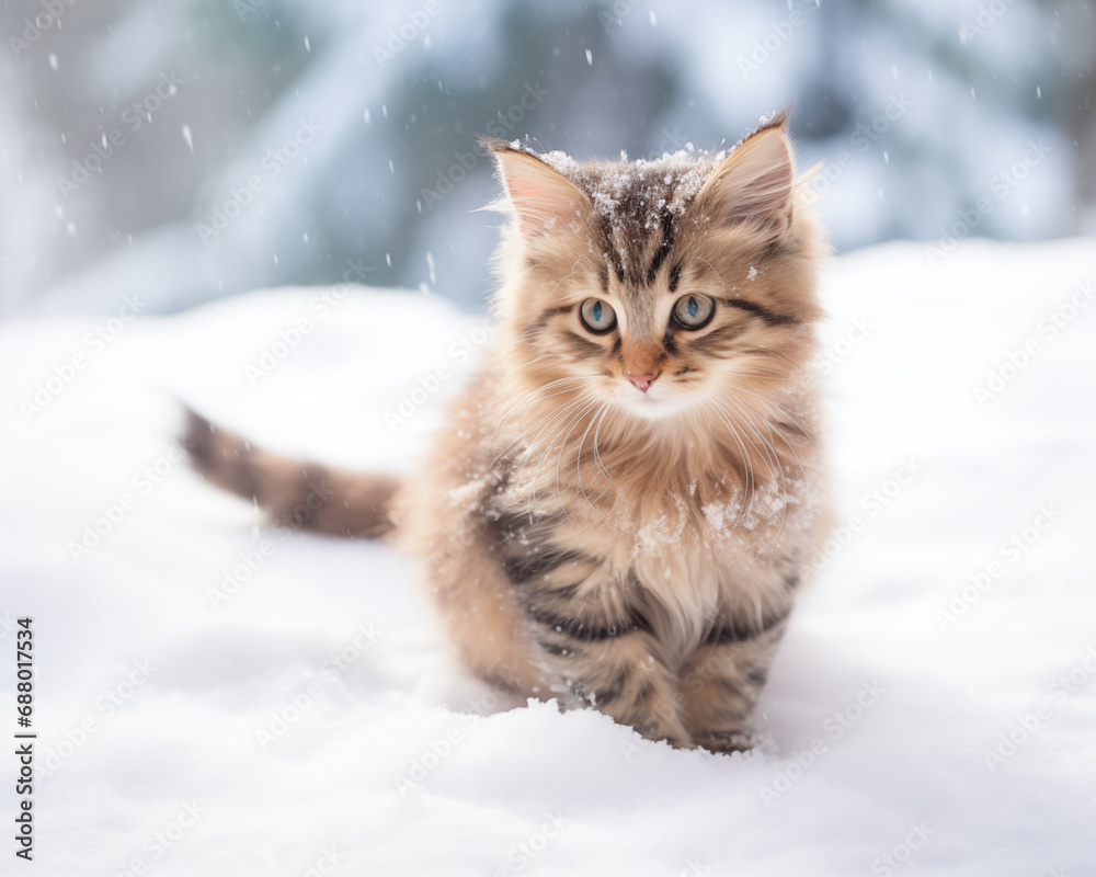 little brown kitten in the snowy forest