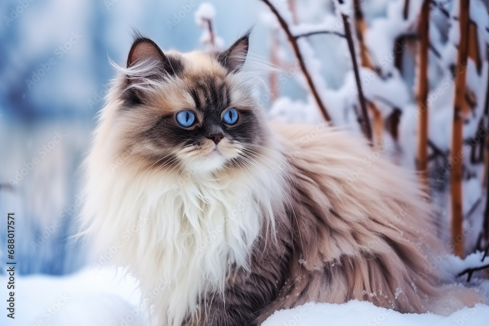 ragdoll cat walking in the snow covered woods