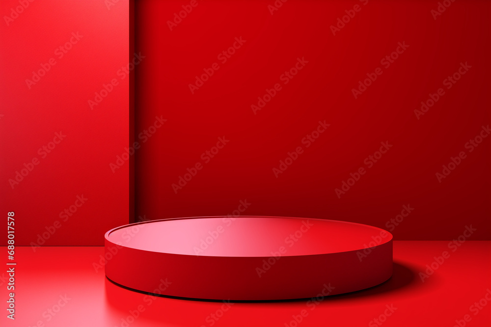 Modern podium for showing products against the backdrop of a red room Modern podium for showing products against the backdrop of a red room