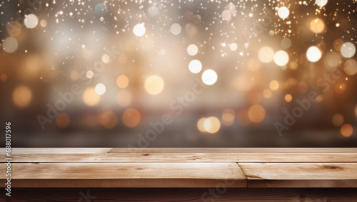 Wooden Table Set against a Blurred Background of Glowing Lights and Snow, Ideal for Product Presentation, Creating a Magical Ambiance 