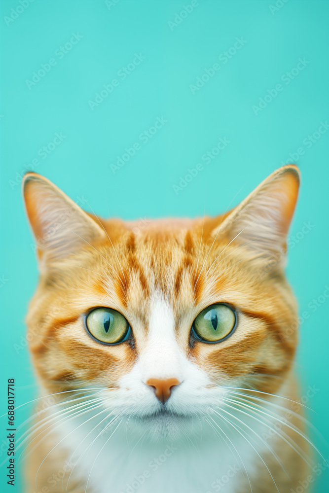 Fototapeta premium cat with odd stare on vibrant blue background with copy space above head