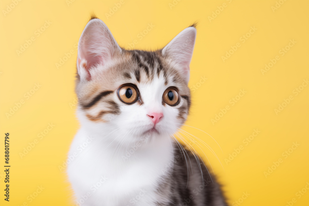 sad looking kitten with large eyes on yellow background