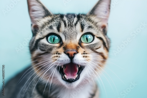 pretty eyed cat with open mouth showing teeth photo
