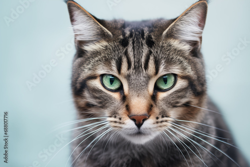close up of a green eyed tabby cat
