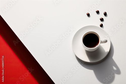 minimalist cup of coffee on white background and coffee beans photography, Generative AI