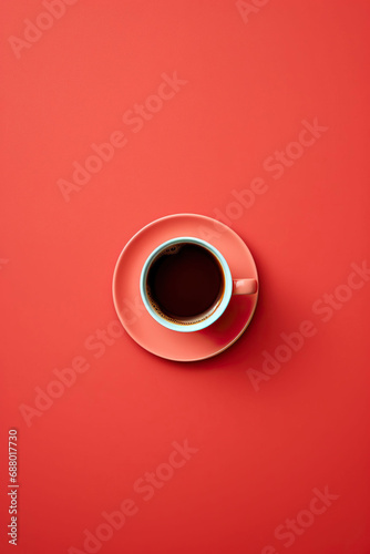 minimalist cup of coffee on red background advertising photography top view, Generative AI