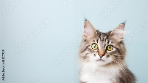 fluffy cat to the side of blue background
