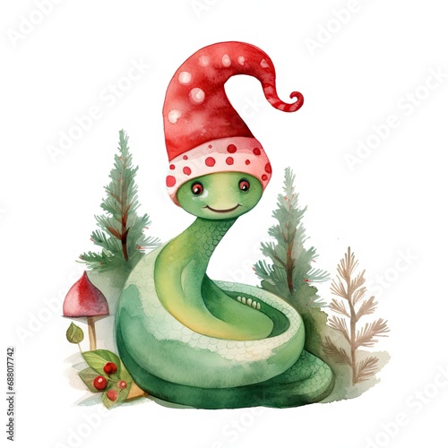 Watercolor Cute Snake character in a red hat. Symbol of the year 2025, 2037. Postcard. Christmas, New Year. Print on white background