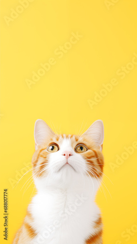 cat looking up towards the sky, yellow background © Jewel