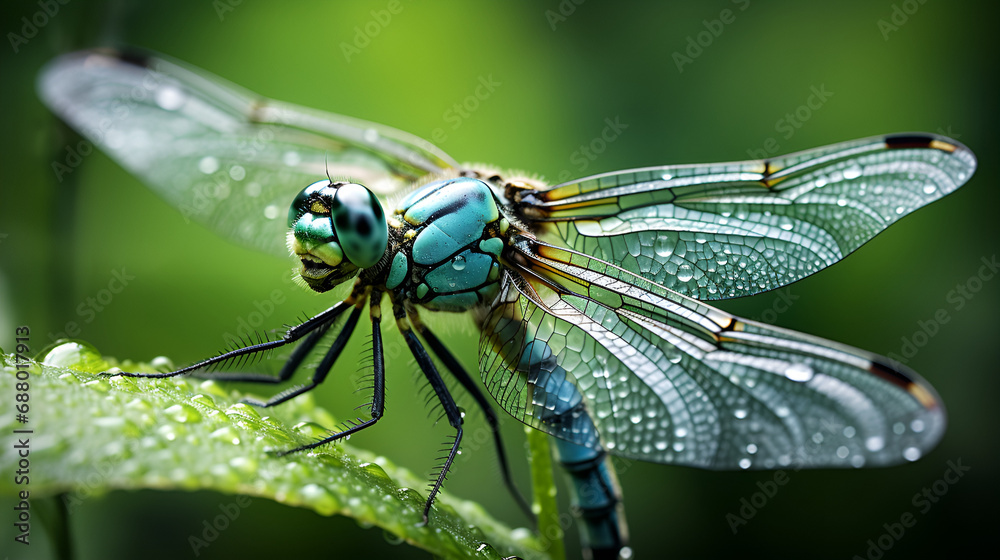 Dragonfly sits in the green grass in the morning Dragonfly sits in the green grass in the morning