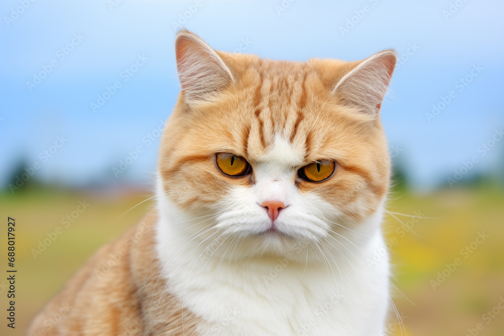 tired looking white and ginger cat sitting in a grassy field