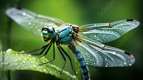 Dragonfly sits in the green grass in the morning, A dragonfly perched on green leaf and nature background, Selective focus, insect macro, Colorful insect in Thailand., dragonfly, transparent, wings,  © Micro