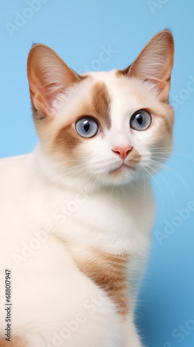 cute little kitten with blue eyes and pretty markings on face, blue background